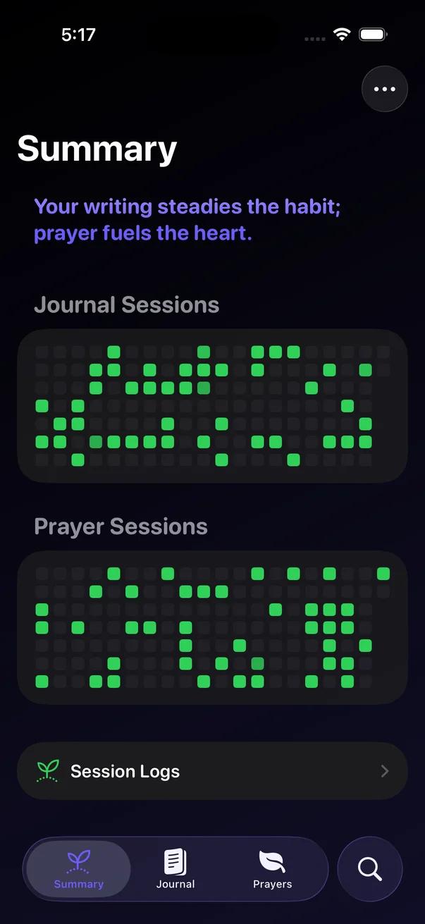 Planted habit tracker dashboard showing daily session logs and contribution squares grid