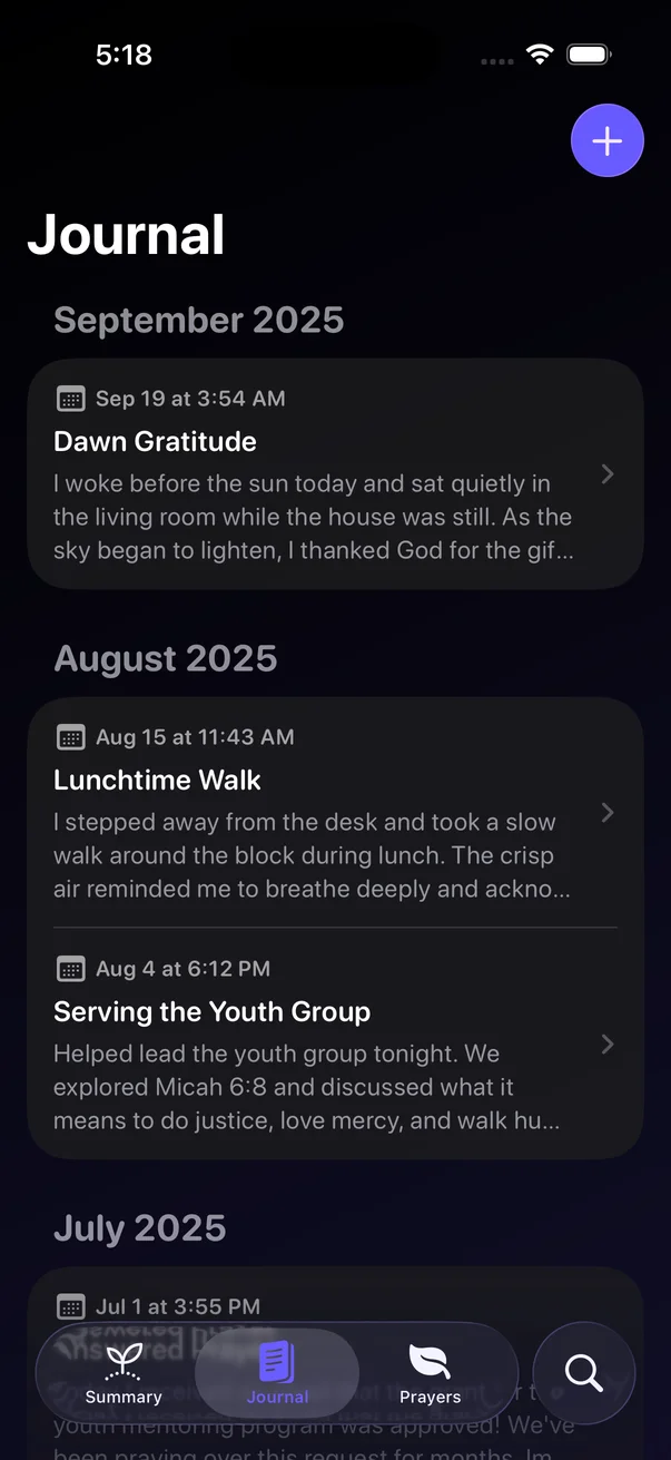 Planted dashboard showing journal entries and daily sessions logs