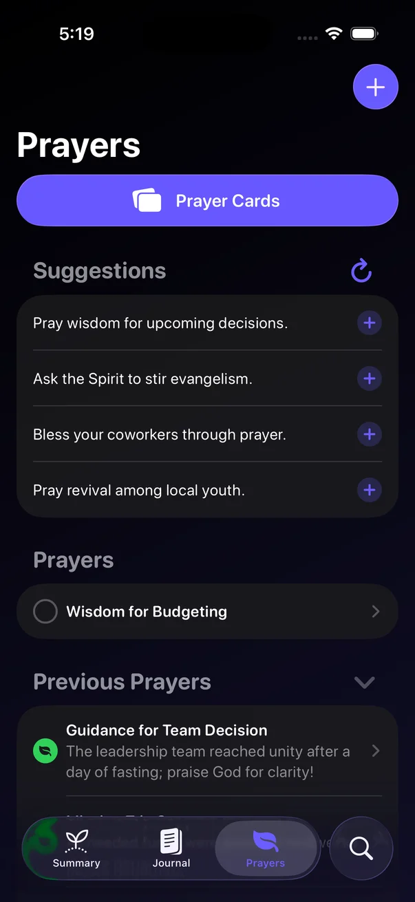 Planted prayers dashboard showing active prayer cards and suggestions block